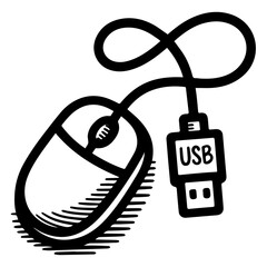 Fototapete - Hand drawn sketch of a computer mouse with a usb cable and connector illustrating digital input and technology