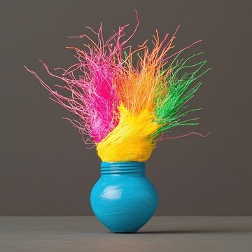 Multicolored Plant in Teal Pot Against Gray Background