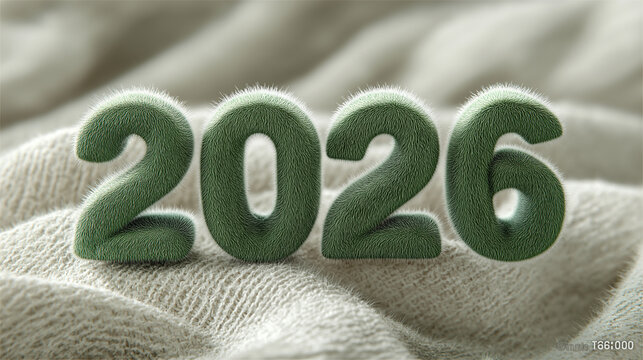 Fluffy green 2026 New Year number characters on textured fabric background