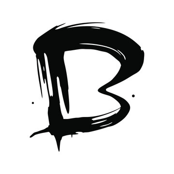 Bold black abstract brush stroke letter B with drips and dots on a white background artistic design vector illustration