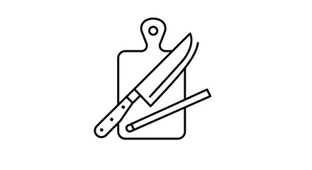 Poster - Outline drawing of a knife and a sharpening steel on a cutting board