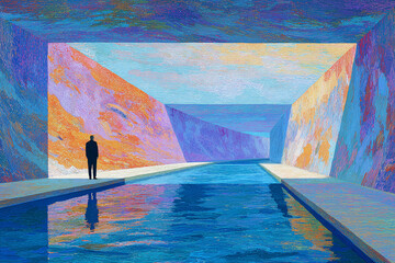 Poster - A solitary figure stands before an abstract architectural wonder, gazing towards the open vista