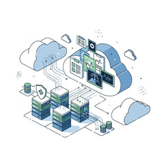 Poster - Isometric Outline Server Cloud Network Connection Healthcare Medical Data Illustration