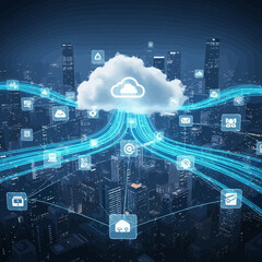 Poster - Modern Cloud Data Connection Over Cityscape Network Illustration for Business