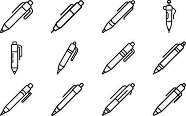 Poster - Collection of twelve simple line art pen icons representing writing and office supplies