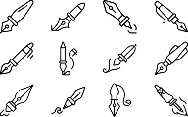 Poster - Collection of minimalist outline drawings of various fountain pens and nibs for design use