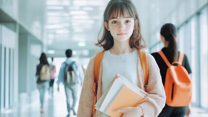 Leinwandbilder - Portrait of smiling elementary school girl holding books and wearing backpack in school hallway with classmates walking in background, back to school concept