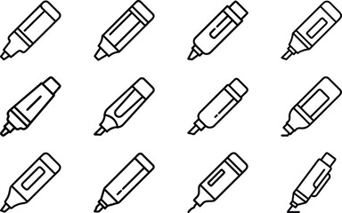 Poster - Collection of vector line art icons depicting different highlighter pens in various angles
