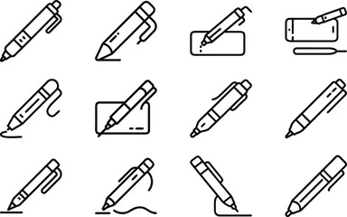 Poster - Set of minimalist black and white line art illustrations representing various pens and writing