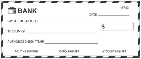 Bank check, vector blank money cheque, checkbook template with guilloche pattern and fields. Currency payment coupon, money check background