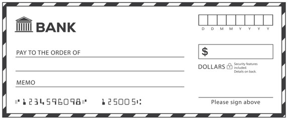 Bank check, vector blank money cheque, checkbook template with guilloche pattern and fields. Currency payment coupon, money check background