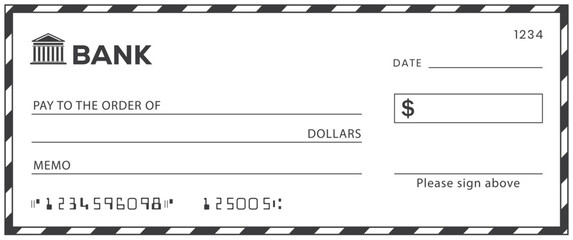 Bank check, vector blank money cheque, checkbook template with guilloche pattern and fields. Currency payment coupon, money check background