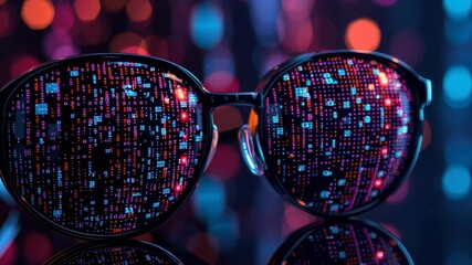 Poster - Futuristic Glasses with Digital Patterns Reflecting Colorful Bokeh Lights in Modern Style