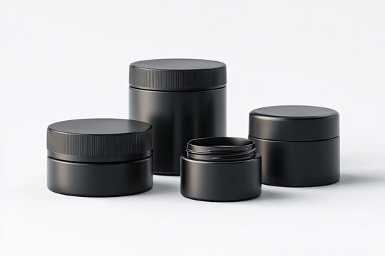 Four matte black cosmetic jars on white background