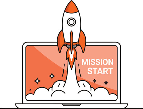 Rocket Launching from Laptop Screen with Mission Start Text
