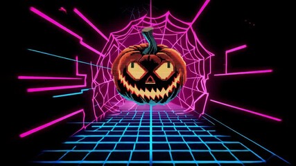 Poster - Neon Halloween Pumpkin with Spooky Expression Glowing in a Dark Cyber Tunnel