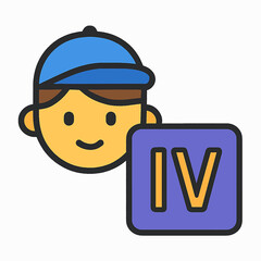 Poster - Cartoon character with blue cap next to a box displaying the Roman numeral four, symbol for stage four