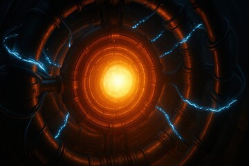 Poster - Illuminated Energy Core Surrounded by Metal Pipes and Electrical Currents in a Dark Environment