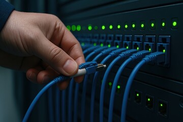 Poster - Hand Connecting Network Cable to Server Rack with Green LED Lights Illuminating Connectivity