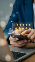 Customer Experience Review: A man in his 30s using a smartphone to provide a five-star rating, ensuring positive customer satisfaction with online service