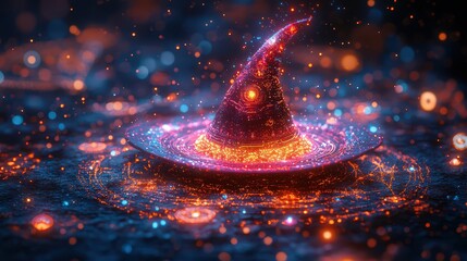 Poster - A glowing red witch hat floating in neon psychedelic space, surrounded by spiritual symbols and cosmic light trails