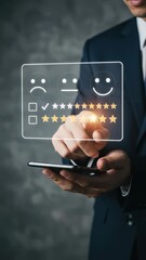 Wall Mural - customer satisfaction survey: adult businessman chooses excellent rating on digital feedback form, a