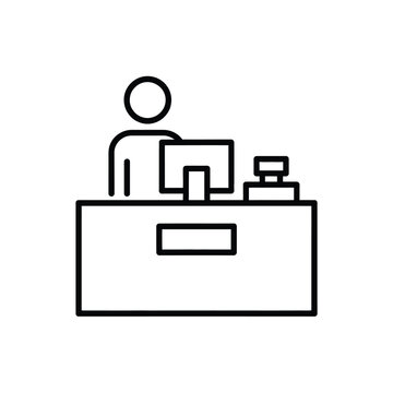 Receptionist or cashier at desk line icon vector illustration