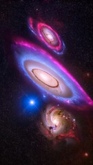 Wall Mural - Three colorful galaxies, cosmic illustration with swirling stars and galactic dust, deep space celestial bodies in a dark starry background.