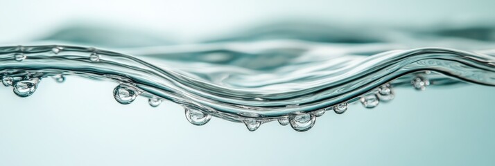 Poster - Close-Up View of Crystal Clear Water Surface with Gentle Waves and Air Bubbles Captured in Soft Natural Light