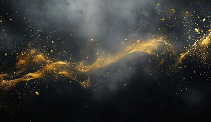 Poster - Dynamic Golden Smoke against Dark Background, Artistic Abstract Image of Glittering Particles in Motion with Ethereal Feelings and Modern Aesthetic