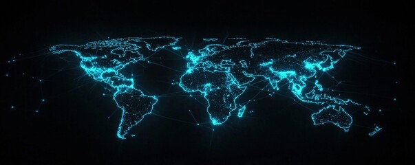 Poster - Digital Global Map with Glowing Lines and Nodes Representing Connections Over a Dark Background Illustrating Technology and Communication Networks