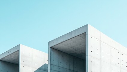 Poster - Modern Minimalist Architectural Design with Geometric Forms and Clear Blue Sky Background Showcasing Concrete Structure Aesthetics