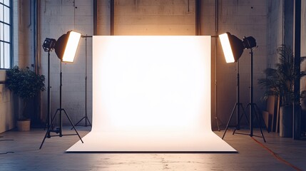 Poster - Bright and Minimalist Photography Studio Setup with Soft Lighting and White Backdrop for Professional Photoshoot Sessions