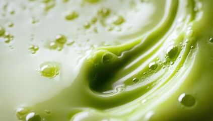 Poster - vivid green liquid with texture and reflective surface creating dynamic swirls and droplets in a hig
