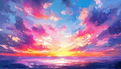 Poster - Vibrant Sky with Colorful Clouds and Sunset Over Calm Ocean Waters in a Dreamy Palette of Pink, Orange, Blue, and Purple Hues