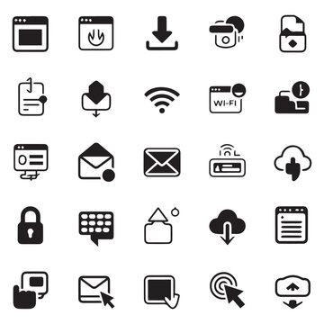Collection of dark blue technology and communication icons on a white square background