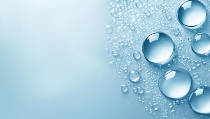 Poster - Close-Up View of Crystal Clear Water Drops on Smooth Blue Surface with Soft Light Reflection Creating a Tranquil and Refreshing Atmosphere