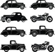 © Fyezzbd - Vector art of silhouettes of vintage cars, trucks, and motorcycles isolated on white background