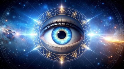 Wall Mural - mystical cosmic blue eye surrounded by a geometric pattern and nebula, conveying cosmic awareness, a