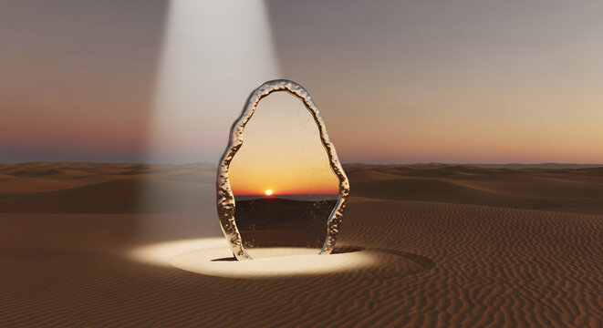 Abstract Silver Portal Frame Reflecting Desert Sunset Under Spotlight.