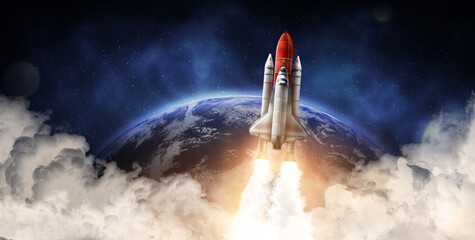 Wall Mural - Rocket in space on orbit of planet, banner design