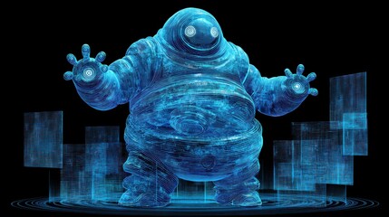 Poster - A glowing blue digital hologram of a large humanoid figure surrounded by futuristic transparent screens on a dark background, cute futuristic AI robot