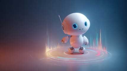 Poster - A small, futuristic robot stands on a glowing digital platform with colorful light bars surrounding it against a dark gradient background, cute futuristic AI robot