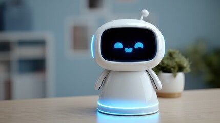 Poster - A cute white robot with a digital smiling face and blue LED lights sits on a wooden table in a modern indoor setting, cute futuristic AI robot