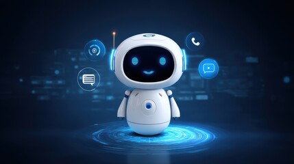 Poster - A friendly AI robot with a digital face interacts within a futuristic digital interface featuring communication icons, cute futuristic AI robot