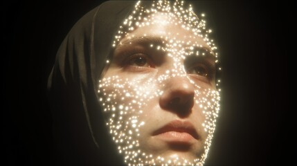 Poster - A close-up of a woman's face wearing a headscarf, illuminated by a pattern of small glowing dots creating a futuristic and contemplative effect, cute futuristic AI integrated robot
