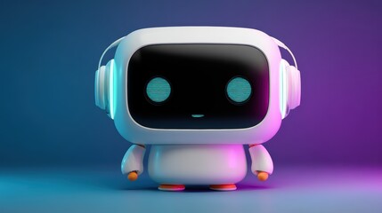 Poster - A cute, futuristic robot with a sleek black screen face and glowing blue eyes wears large headphones against a gradient purple-blue background, cute futuristic AI robot
