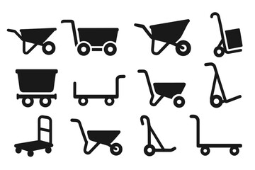 Aufkleber - Construction equipment solid icon set. trolley, wheelbarrow solid snippets collection