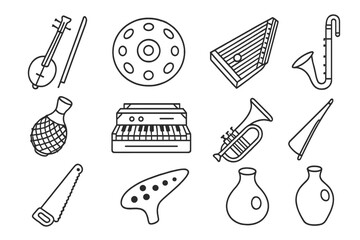 Poster - Musical instruments icon set. outline style orchestra and band instrument icons collection