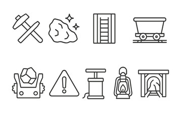 Poster - Mining outline icon set. tools, equipment, and minerals in outline style collection.